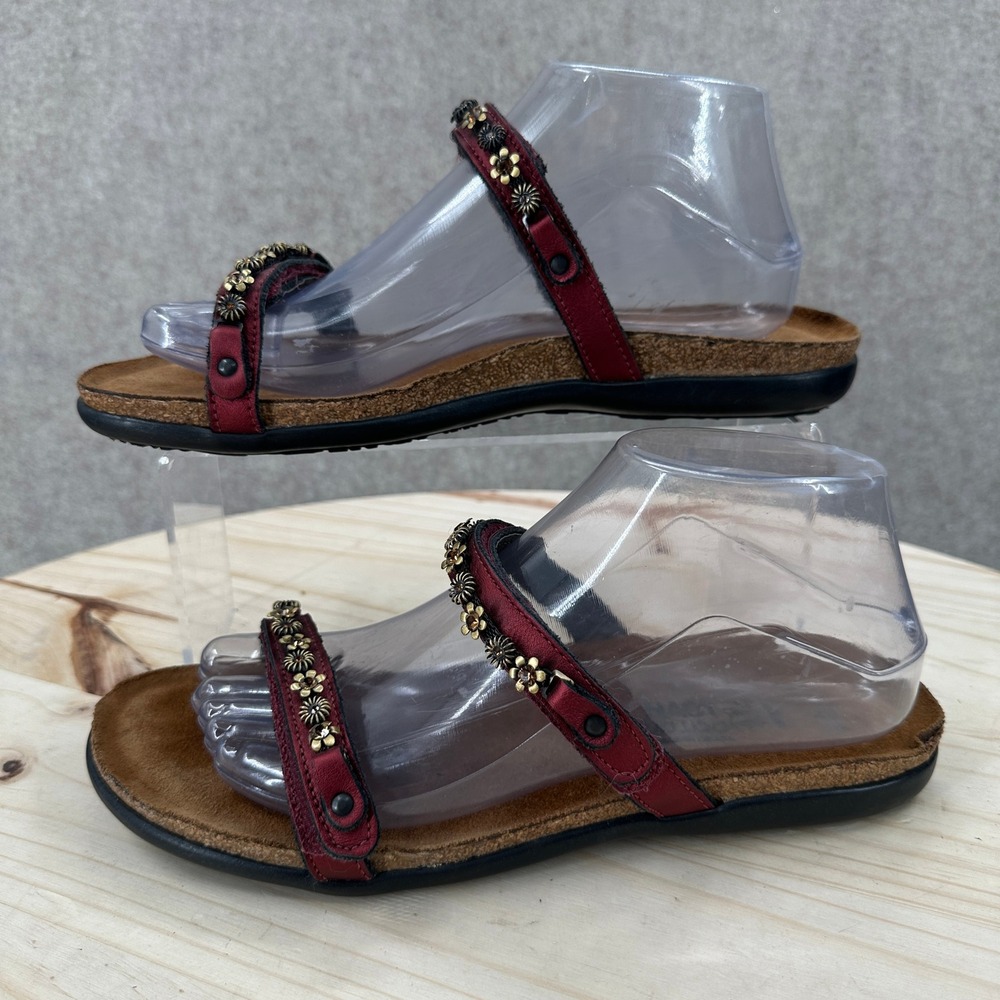 Naot Mona Slide Sandals Womens 9 Red Floral Embellished Leather Strappy
